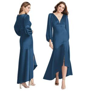 Lovely Puff Sleeve Satin High-Low Dress dusk blue 13534